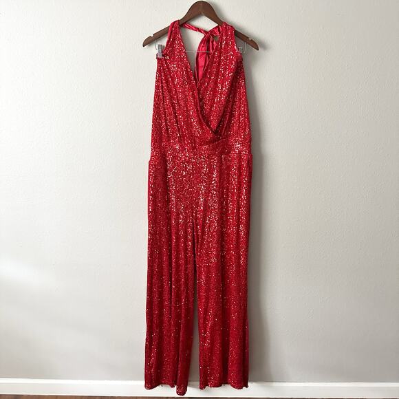 Fashion To Figure Red Sequin V Neck Halter Party Jumpsuit women’s plus size 0X - Picture 2 of 12